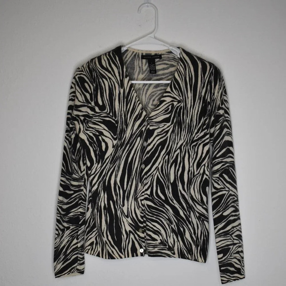 Jillian Jones Zebra Cardigan Sz L Button Front Lambswool Rabbit Hair Minimalist - Picture 1 of 15